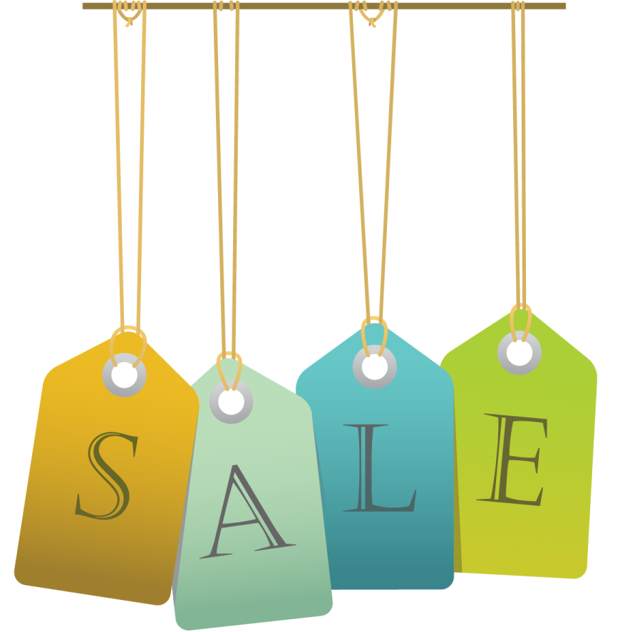 three tags with the word sale hanging on them