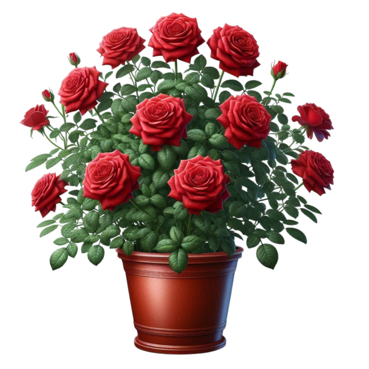 a pot full of red roses