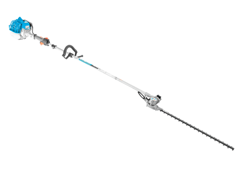 A petrol powered hedge trimmer on a white background