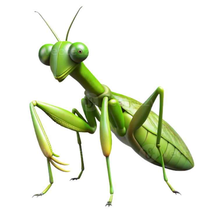 a green praying mantis on a white background