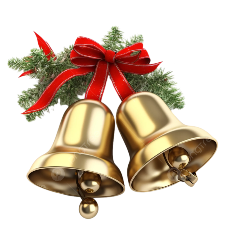 two golden bells with a red bow on top
