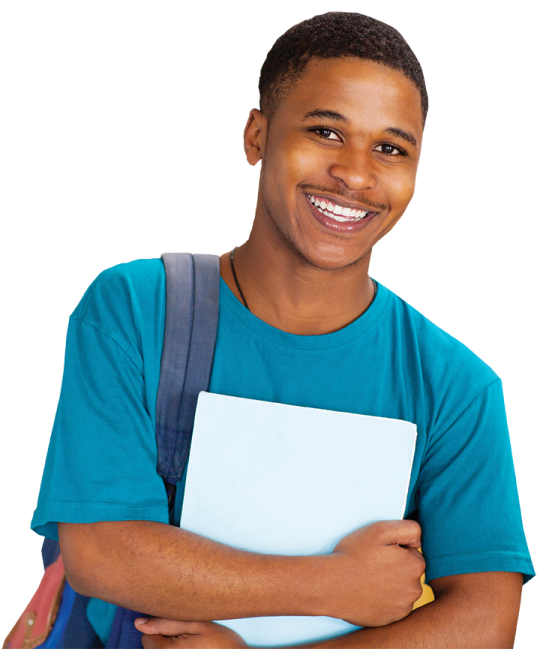 a young man with a backpack and a notebook smiling at the camera