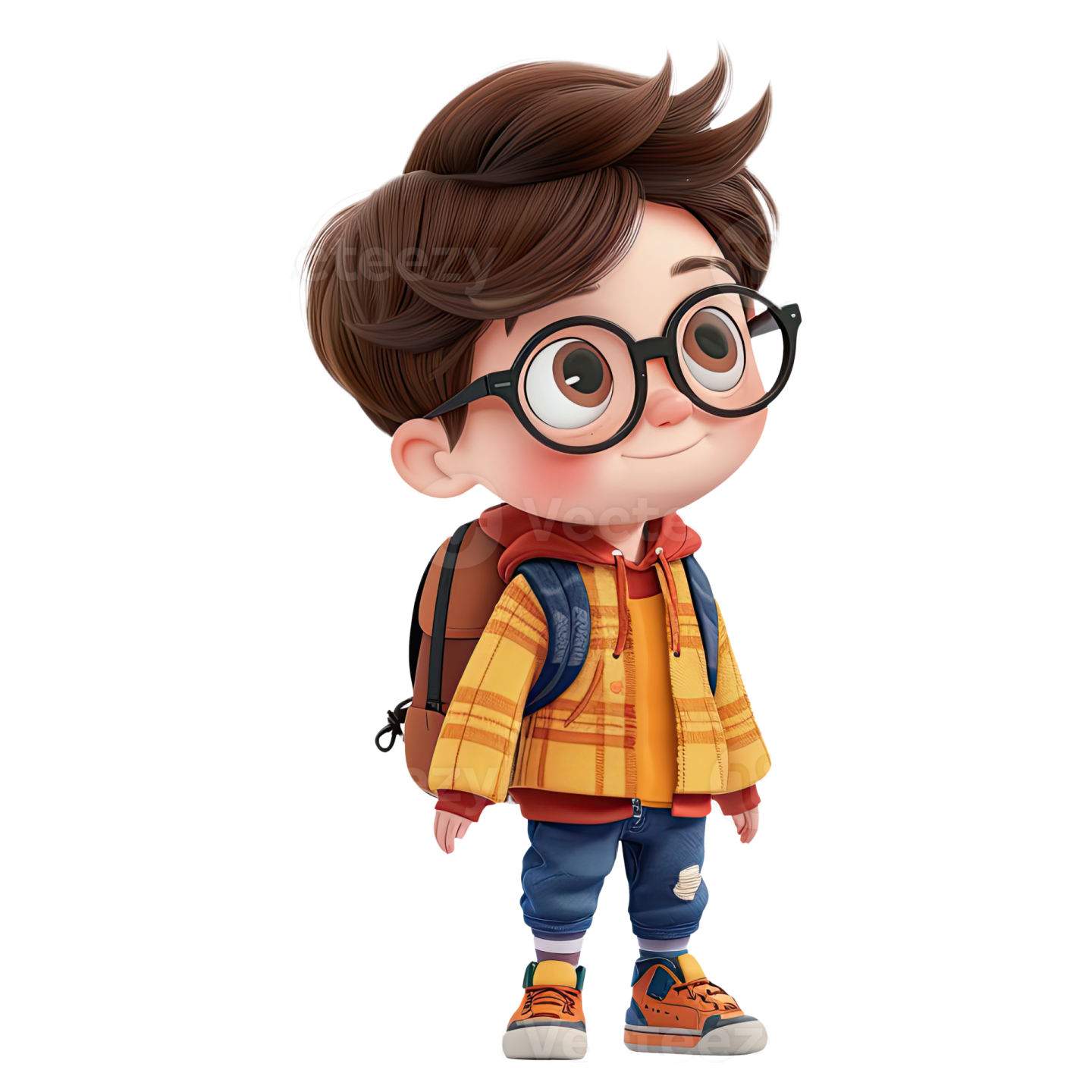 a little boy with glasses and a backpack