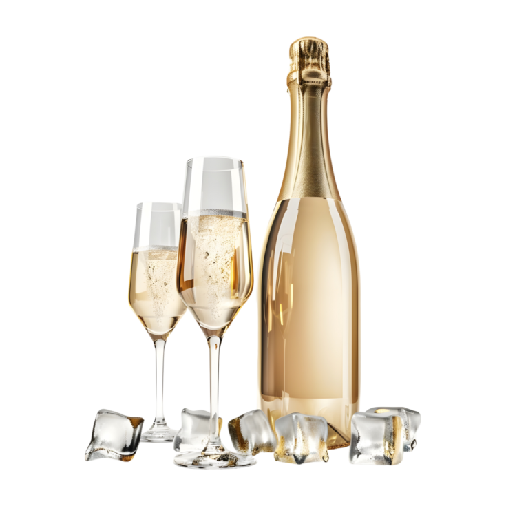 a bottle of champagne and two glasses of ice