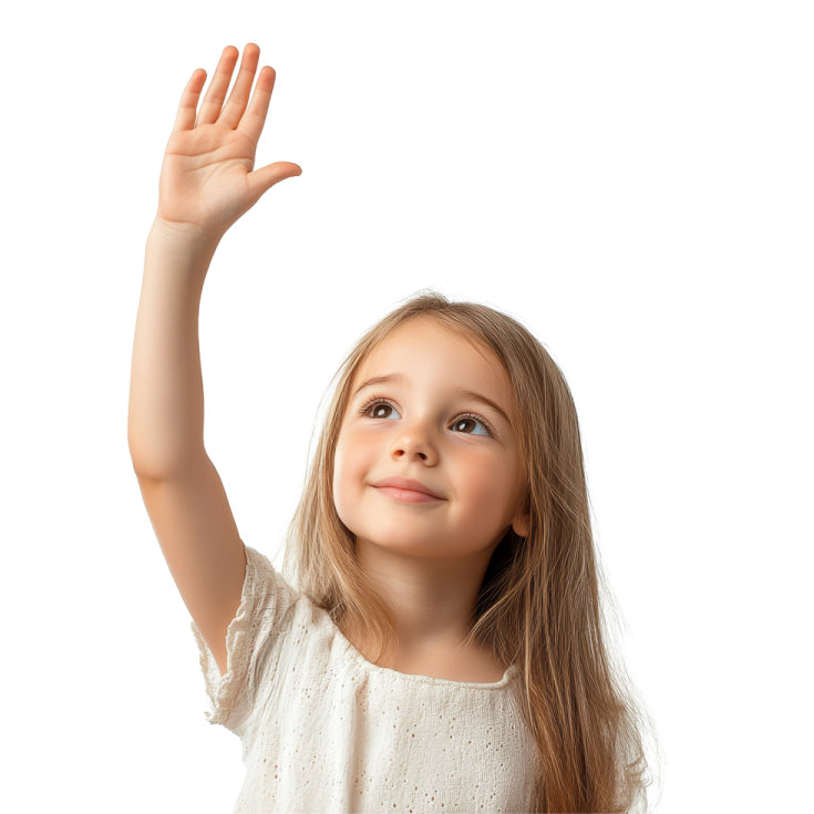 a little girl holding her hand up in the air