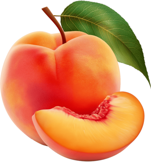 a peach with a green leaf on top
