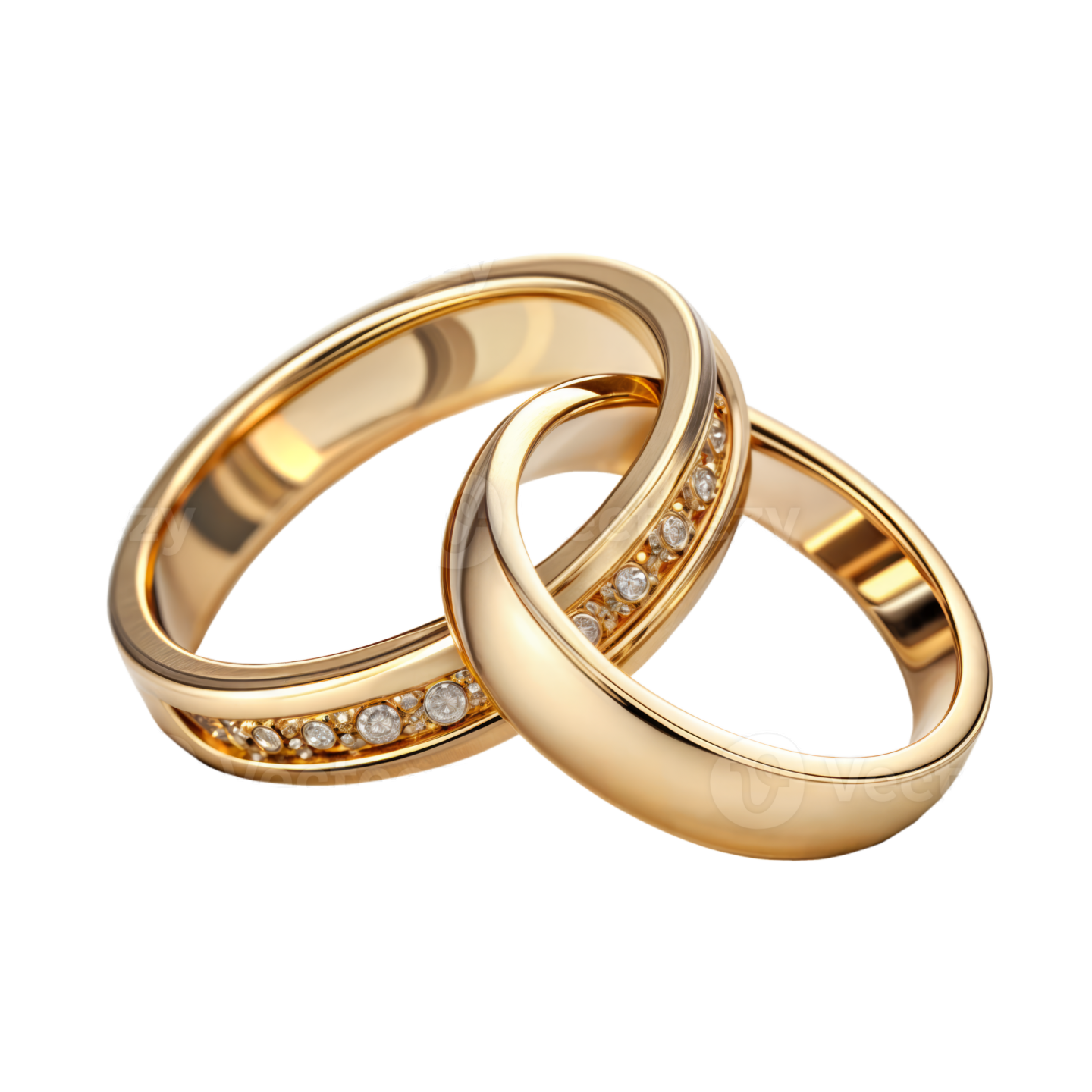 two gold wedding rings with diamonds on white background