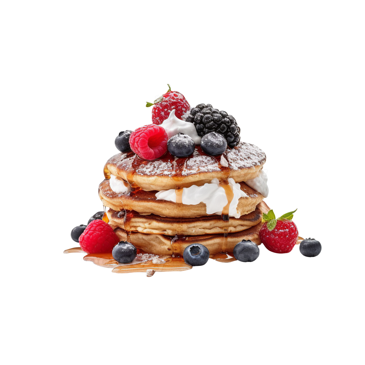 a stack of pancakes with berries and whipped cream