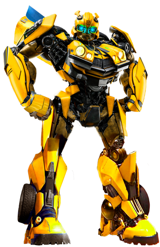 a yellow and black robot standing in front of a white background