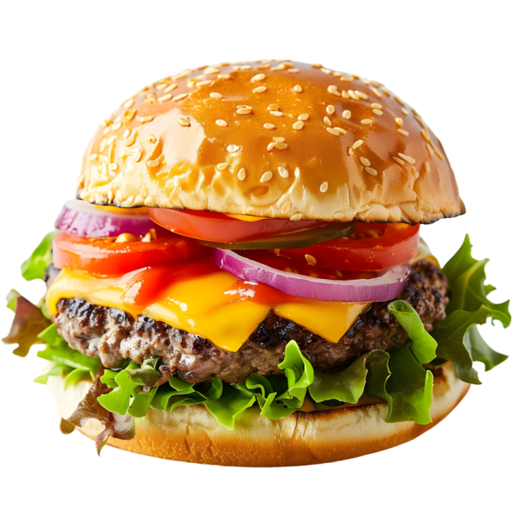 a hamburger with cheese, tomato and onions