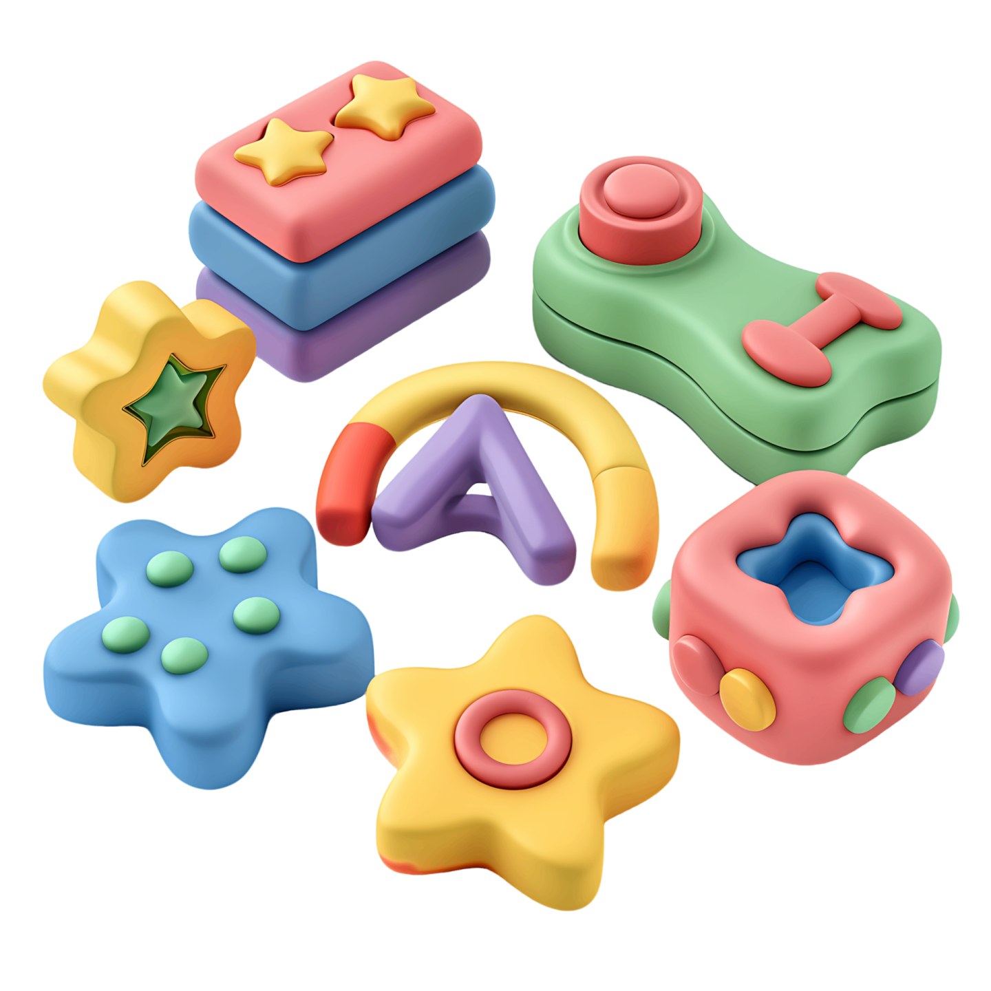 a set of colorful plastic toys on a white background