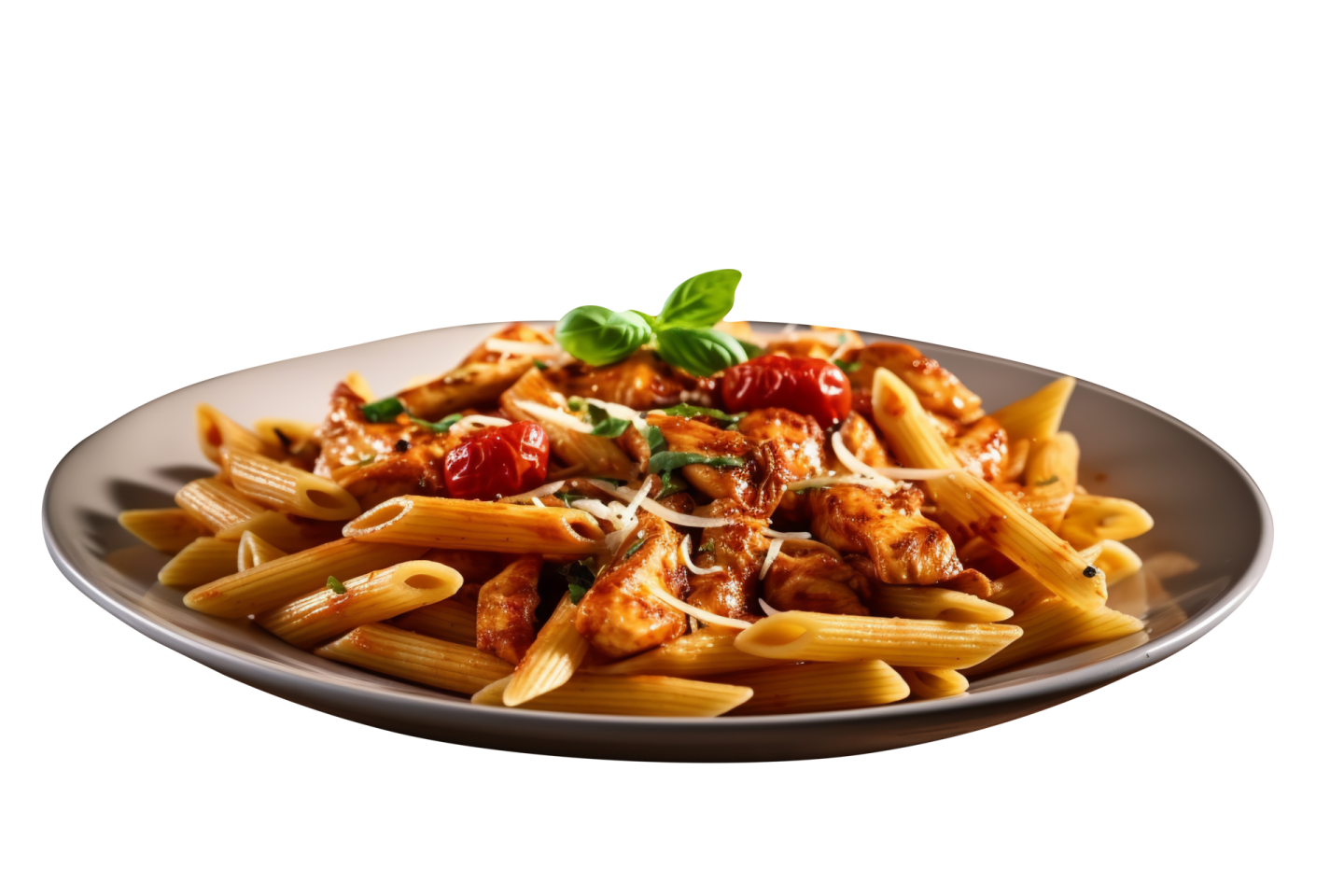 a plate of pasta with chicken and tomato sauce