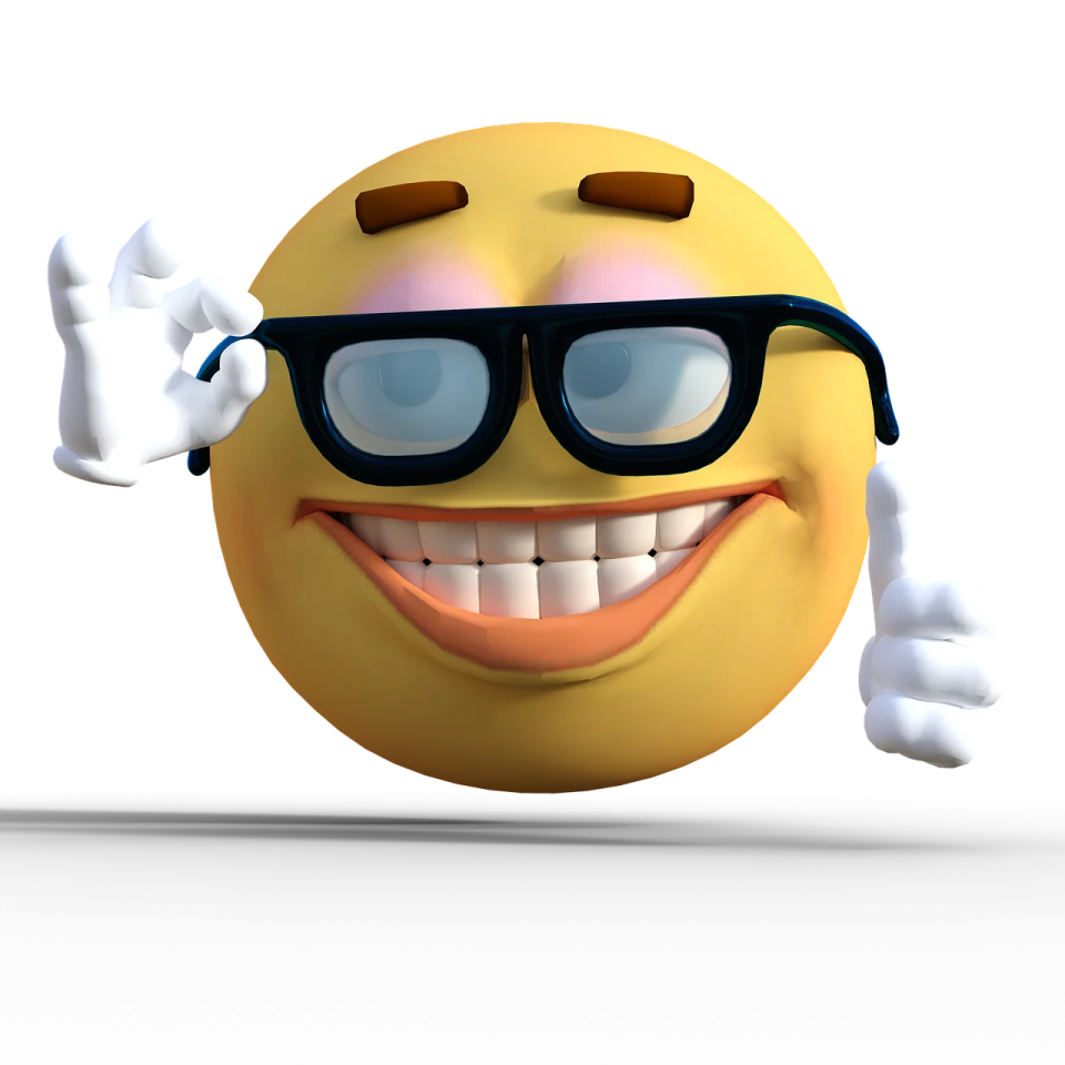 a yellow smiley wearing sunglasses and pointing at the camera
