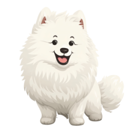 a white dog sitting down with its tongue out