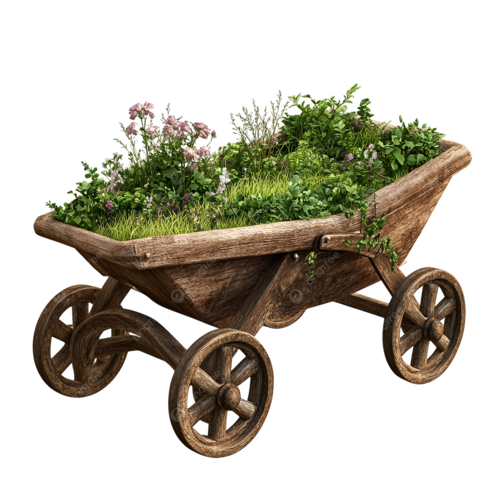 a wooden wheel with grass and flowers in it