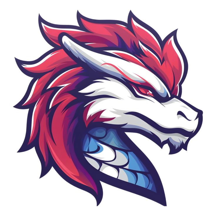 the head of a wolf with red and white hair