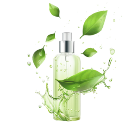 a bottle of green liquid with leaves flying out
