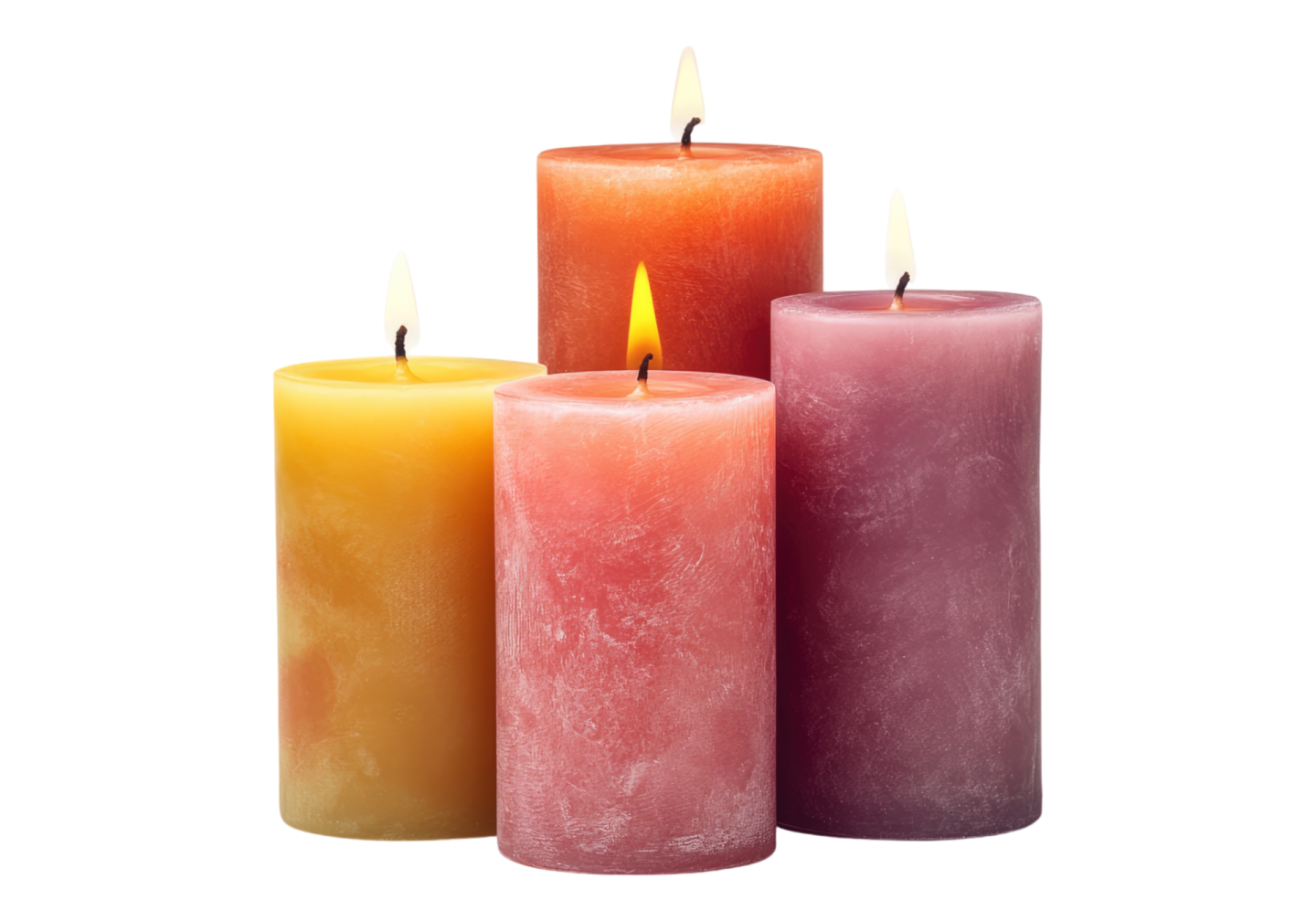 three different colored candles on white background