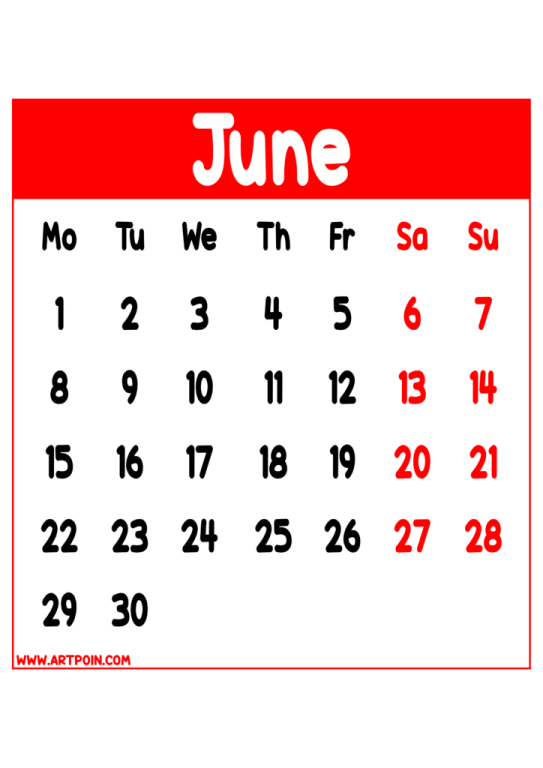 a calendar with the word june on it