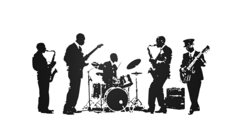 a black and white silhouette of three men playing instruments