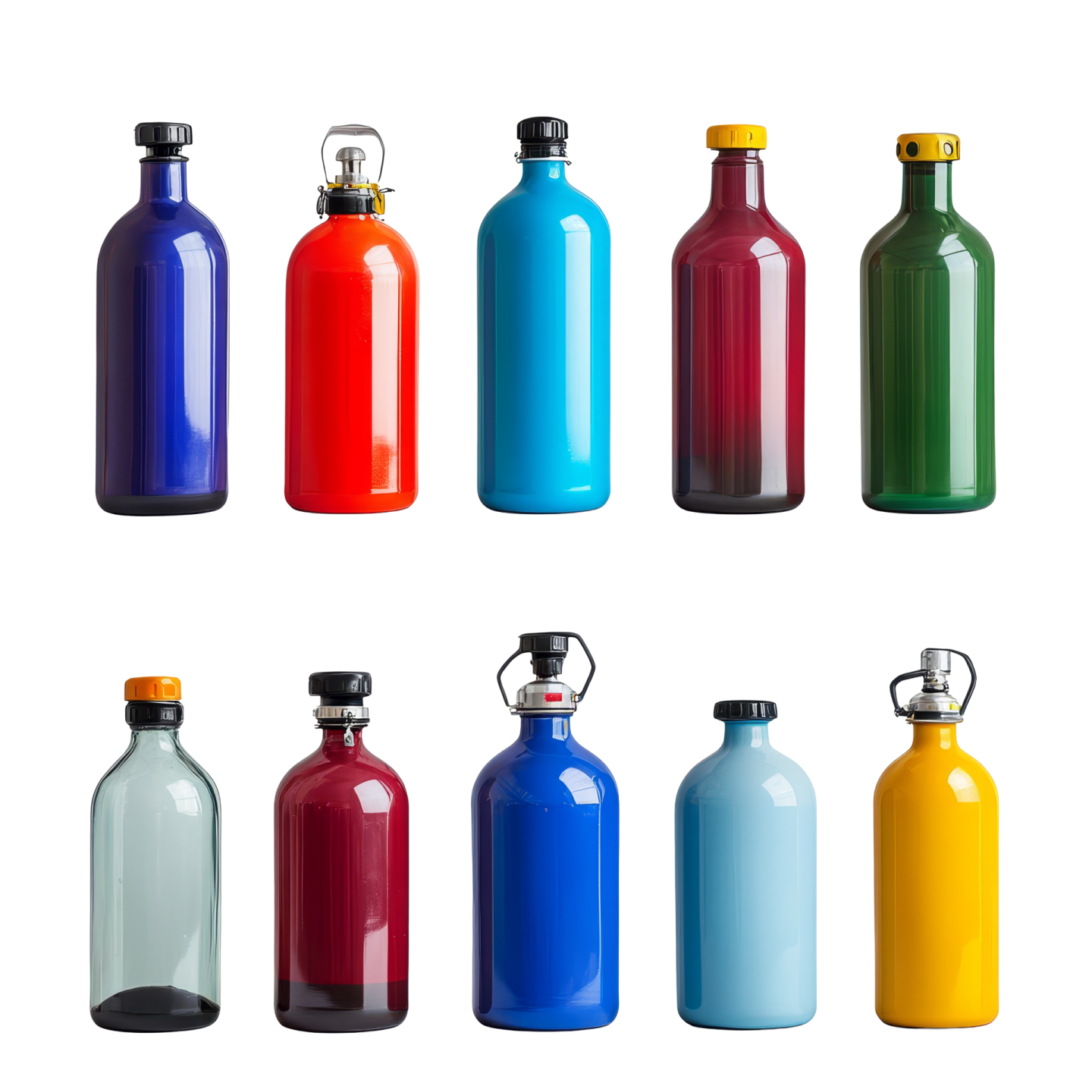 a variety of different colored water bottles