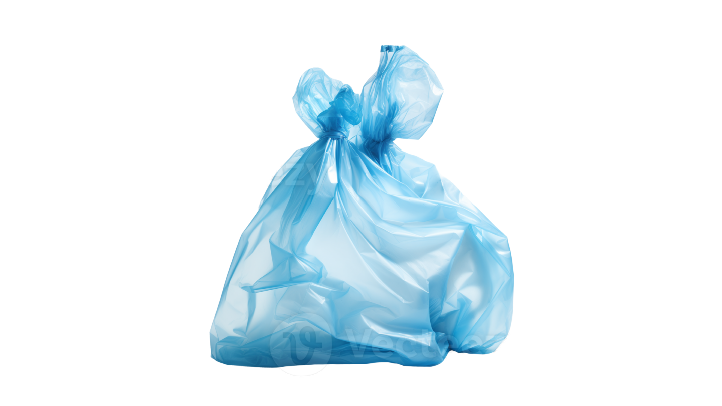 a blue trash bag on a white background