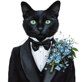 a black cat in a tuxed suit holding a bouquet of blue flowers