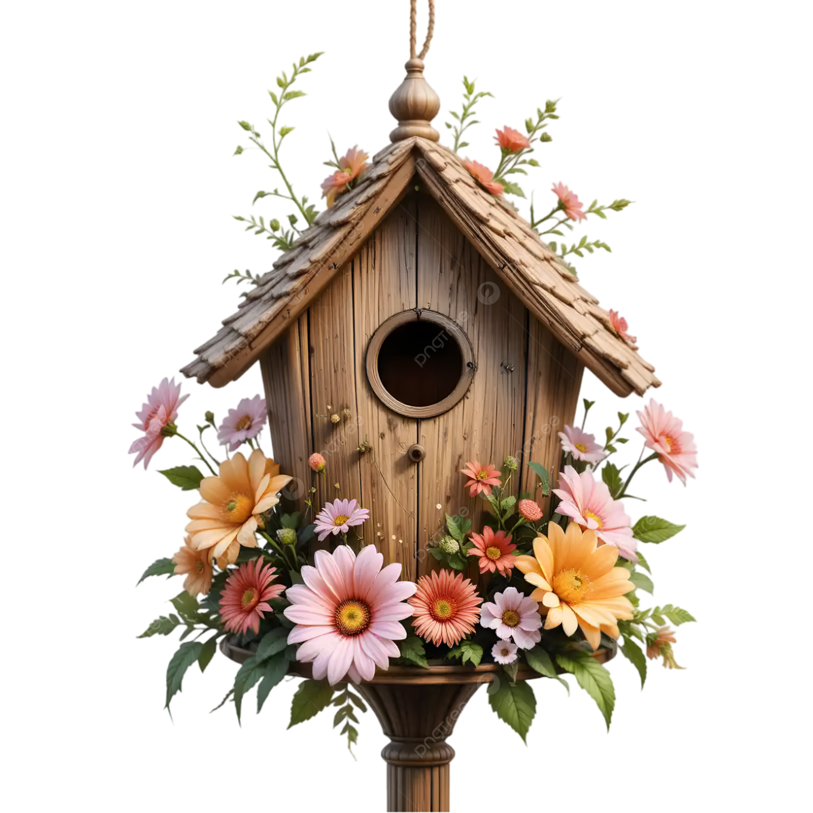 a birdhouse with flowers and leaves