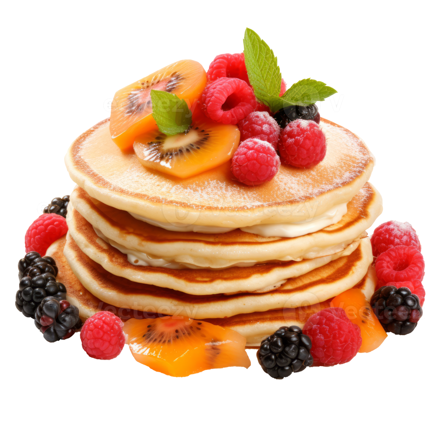 a stack of pancakes topped with fruit and syrup