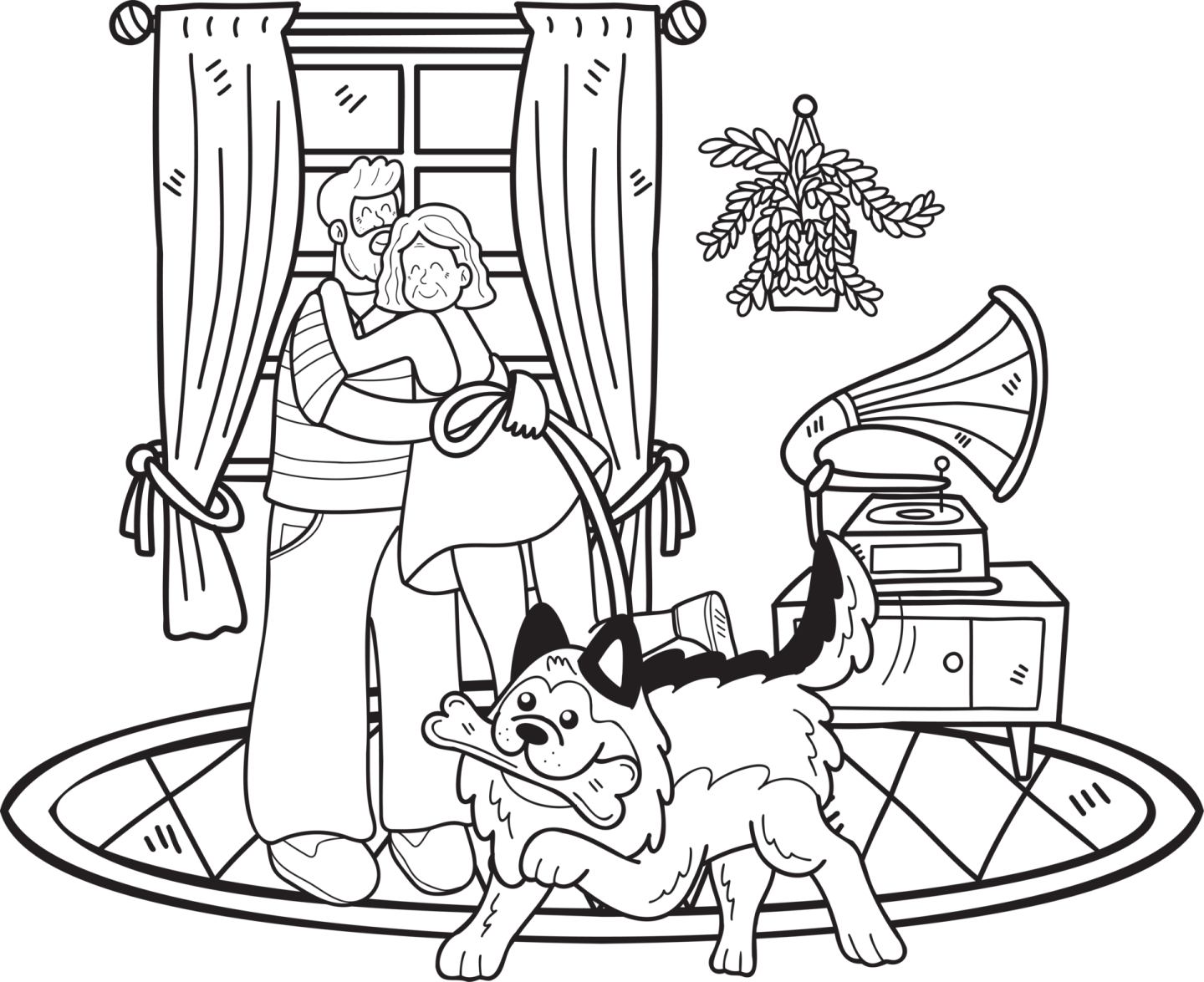 a black and white illustration of a woman playing with her dog