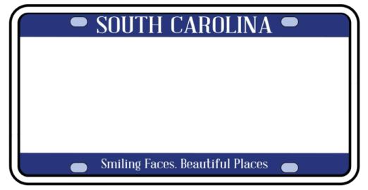 a blue license plate frame with the word south carolina