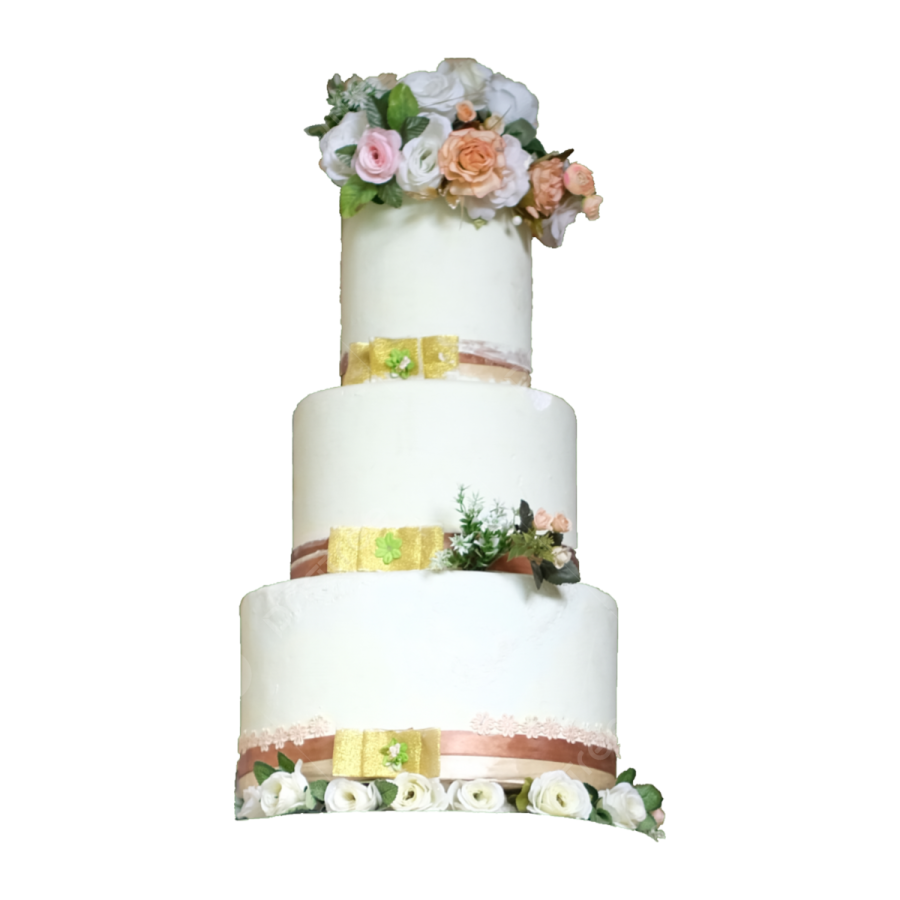 a three tiered cake with flowers on top