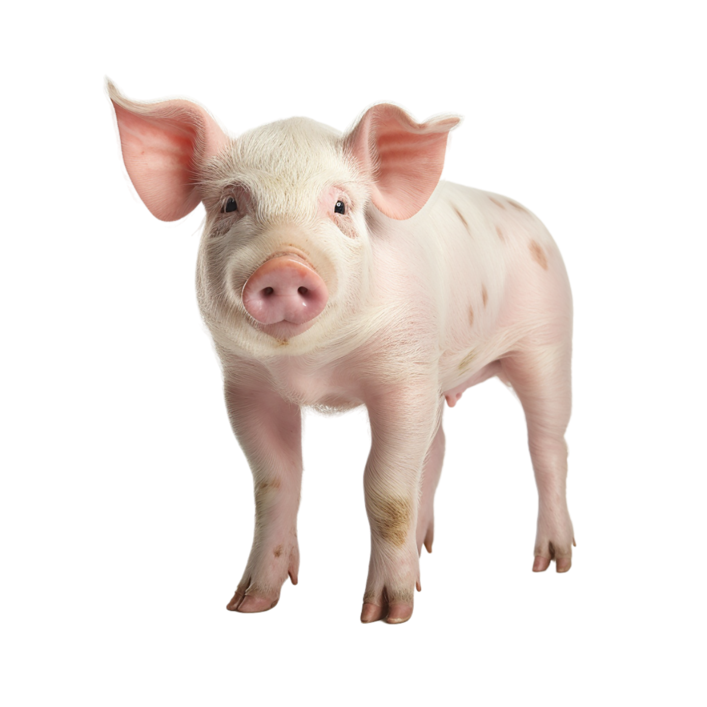 a small pig standing on a white surface