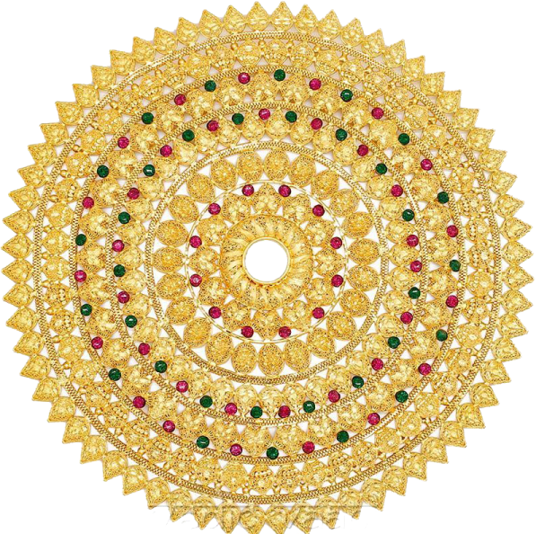 a gold necklace with emerald and ruby stones
