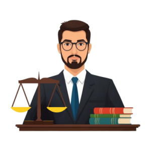 a man in a suit and tie sitting at a desk with a scale of justice on it