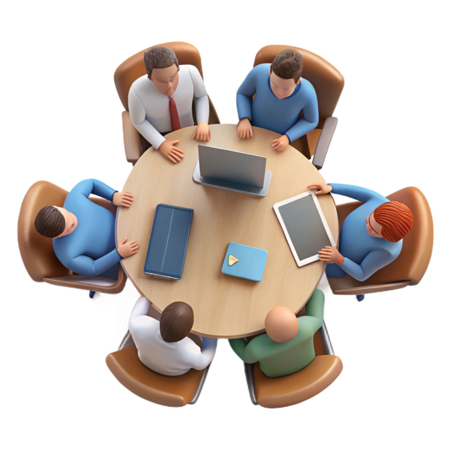 a group of people sitting around a table with laptops