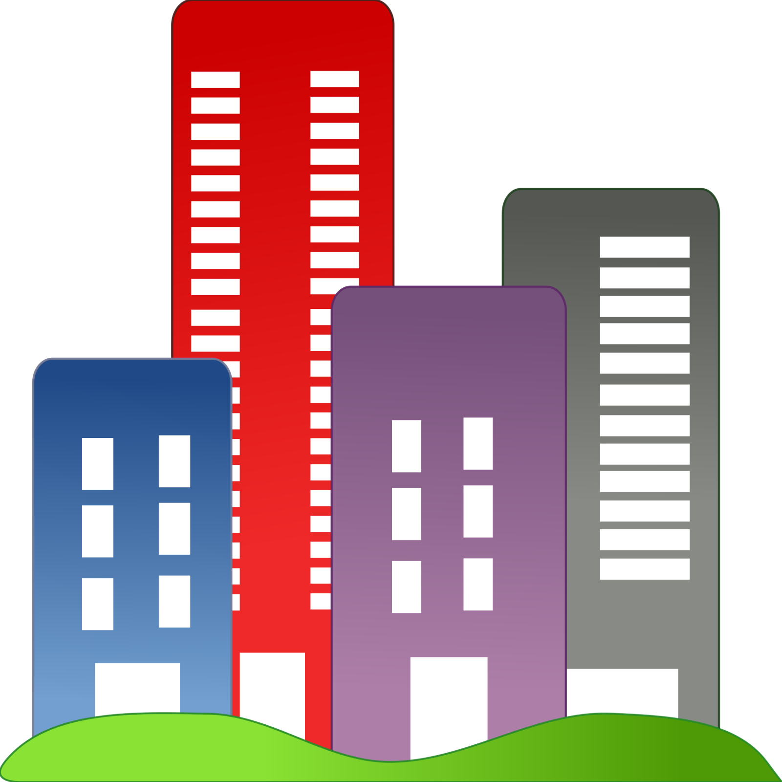 two buildings with a green field in front