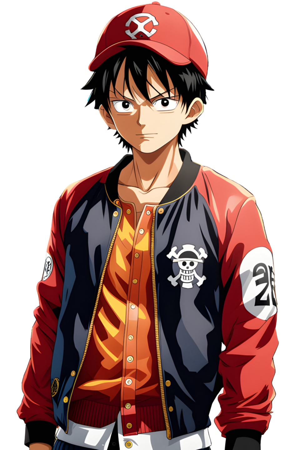 a man wearing a baseball jacket and a baseball cap