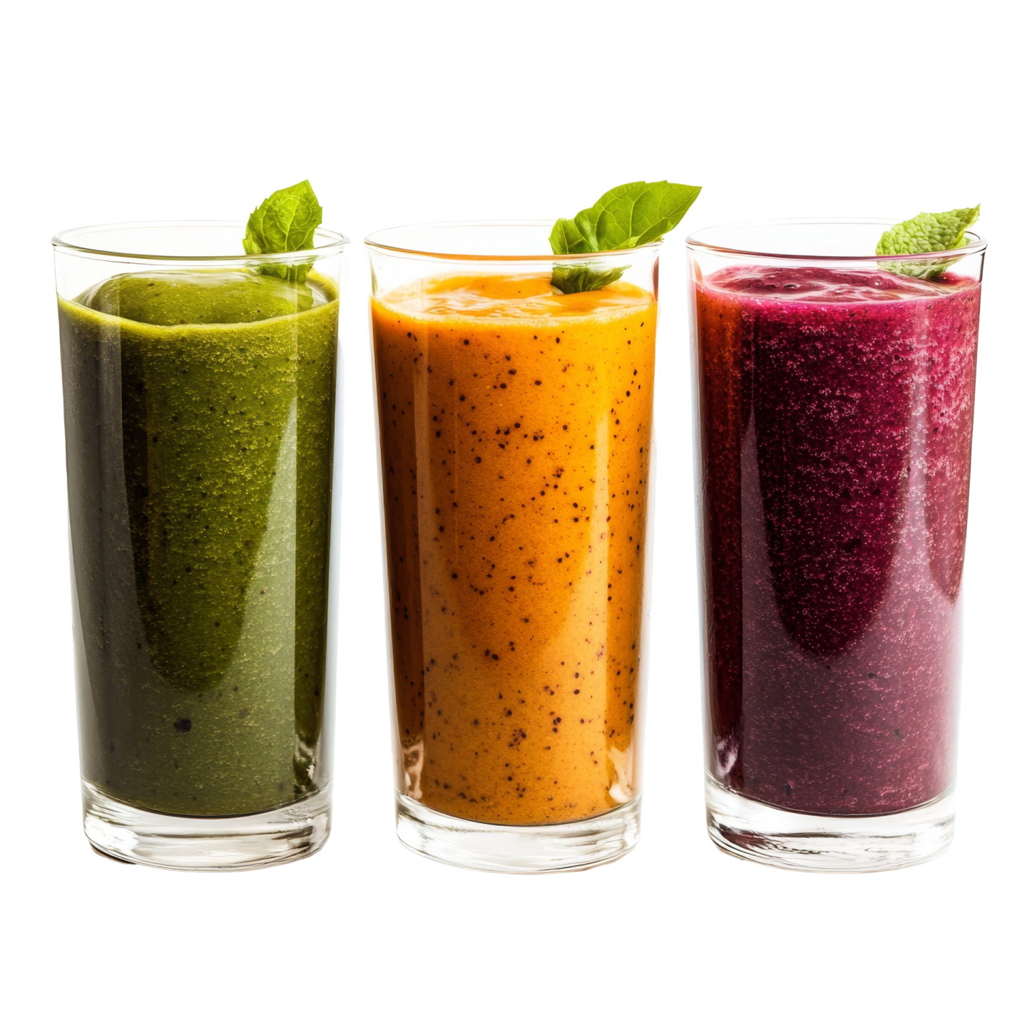 three glasses filled with different colored smoothies