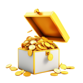 a white box filled with gold coins