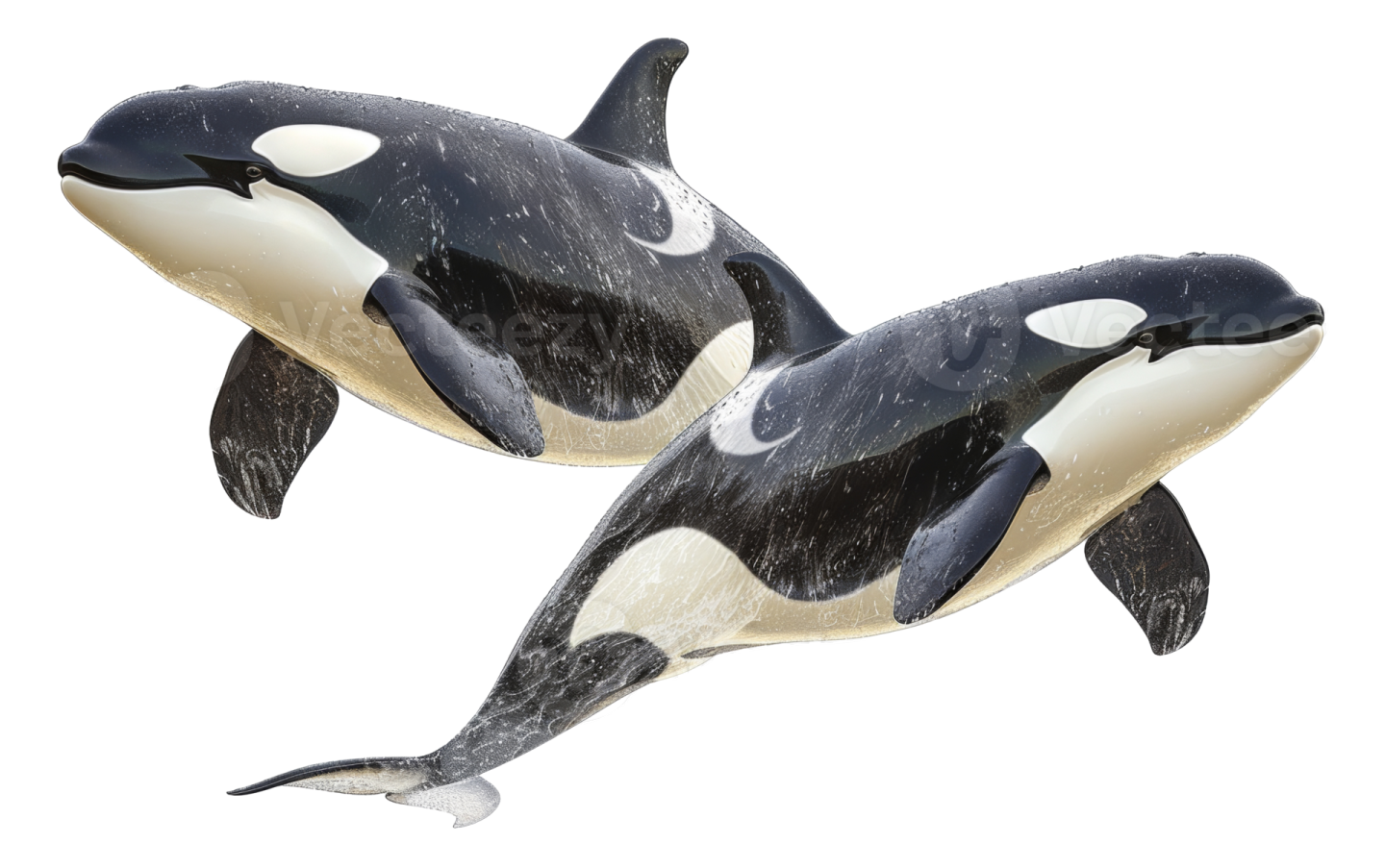 two orca whales jumping in the air