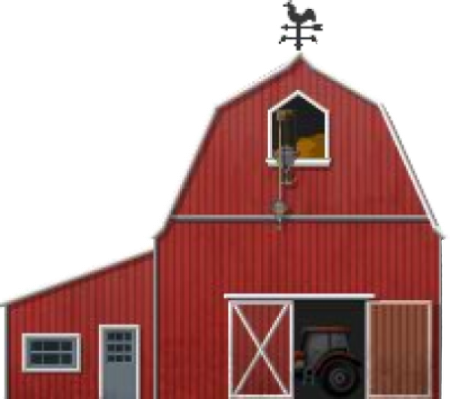 a red barn with a white door and windows