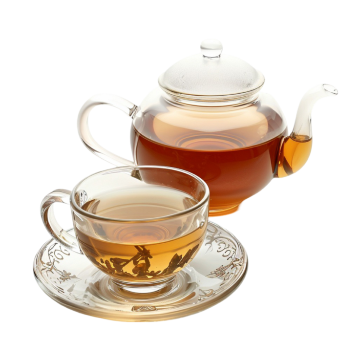 a glass teapot with a cup and saucer