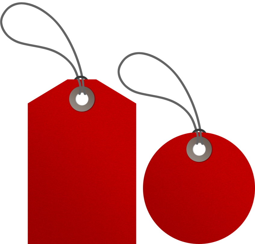 two red tags hanging on a white background