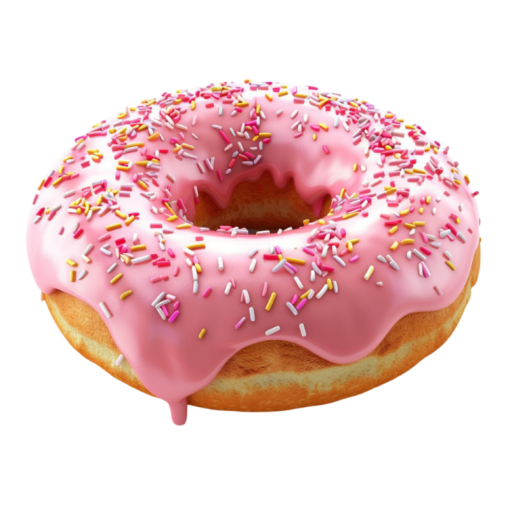 a donut with pink frosting and sprinng
