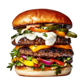 a hamburger with meat and vegetables on it