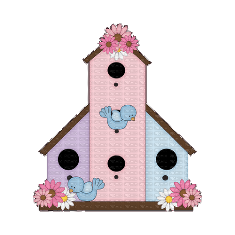 a bird house with two birds and flowers