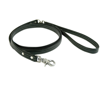 a black leather leash with a metal hook
