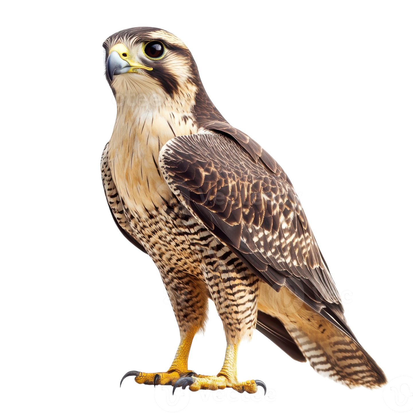 a brown and black hawk perched on a white background