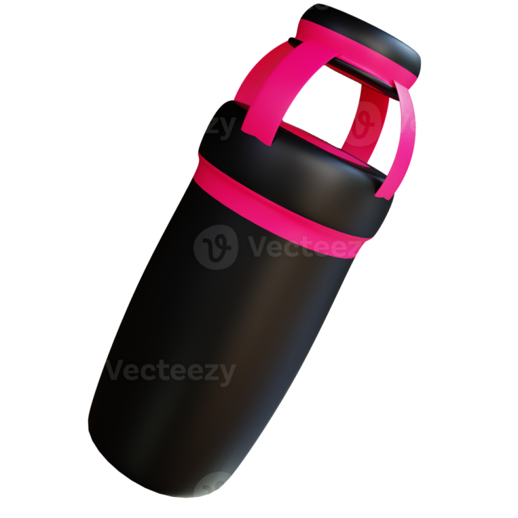 a black and pink water bottle on a white background